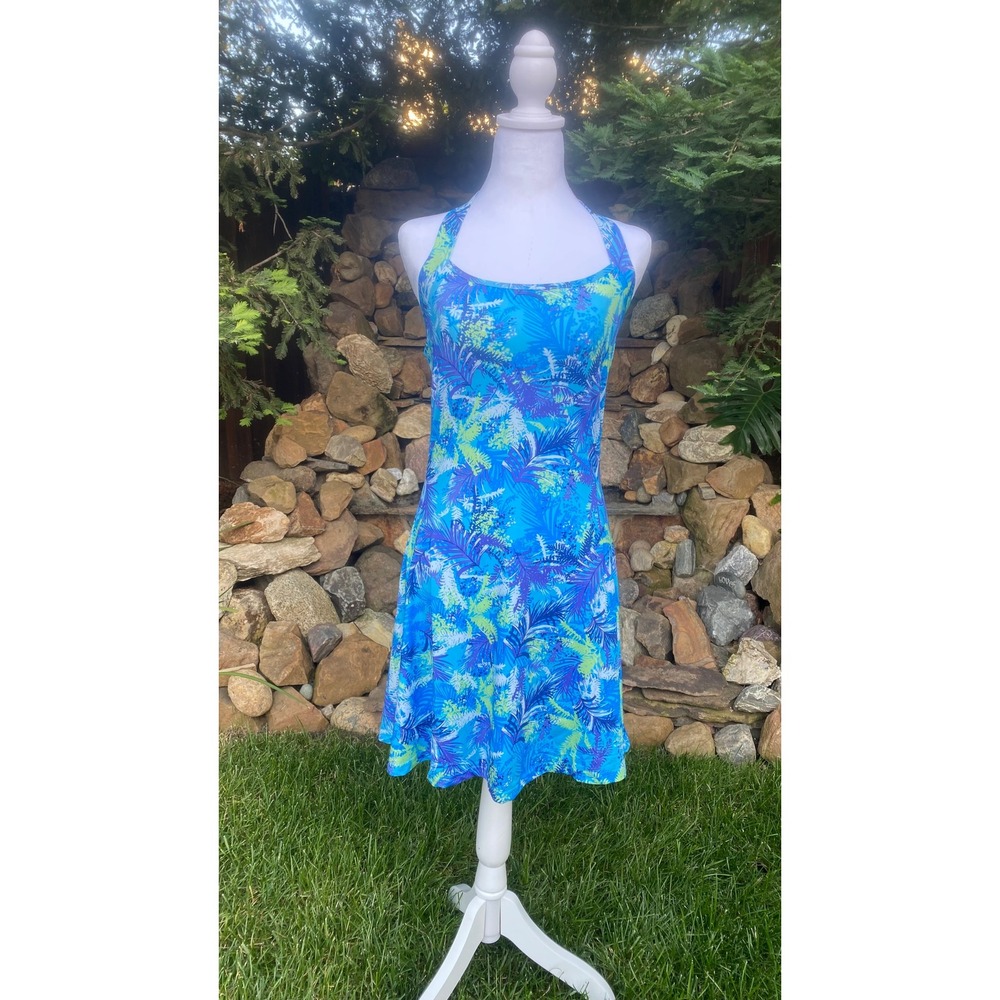 Banana Boat Sundress Size Medium Blue Multi Leaf Halter Dress UPF 50+ BB880 NWT